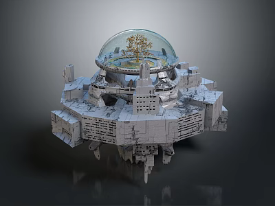 Cosmic Space Station With Transparent Dome Containing Tree And Mechanical Base Structure 3d model