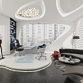 Modern Open Office Interior With Glass Desk White Chairs Blue Accents Bookshelf And Floor-to-Ceiling Windows