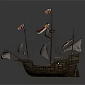 Historical Sailing Ship With Red Cross Flags And Spanish Flags On Wooden Hull