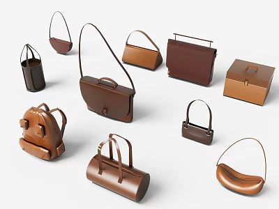 Stylish Brown Leather Bags And Boxes With Various Styles Including Handheld Shoulder Backpack And Box 3d model