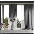Gray Curtains With Sheer Panels For Window In Living Room With Wooden Chair And Trees