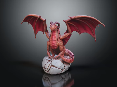 Detailed Mythical Red Dragon Statue With Extended Wings On Cracked Stone 3d model