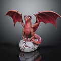 Detailed Mythical Red Dragon Statue With Extended Wings On Cracked Stone
