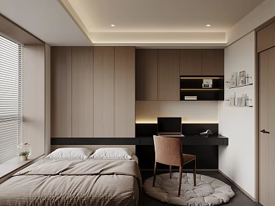 Modern Minimalist Tatami Bedroom Interior With Wooden Cabinets Desk And Chair 3d model