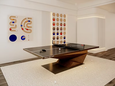 Indoor Sports Equipment Featuring Black Ping Pong Table With Wooden Base And Wall Decorative Panels 3d model