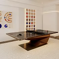 Indoor Sports Equipment Featuring Black Ping Pong Table With Wooden Base And Wall Decorative Panels