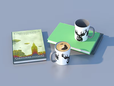 Everyday Life Essentials White Mugs With Deer Design Green Notebook And Coffee 3d model