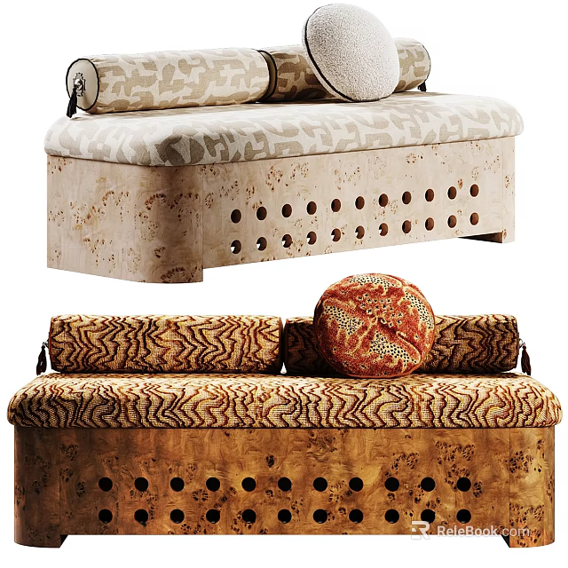 Two Seater Sofa With Perforated Cork Base And Patterned Decorative Pillows 3d model 