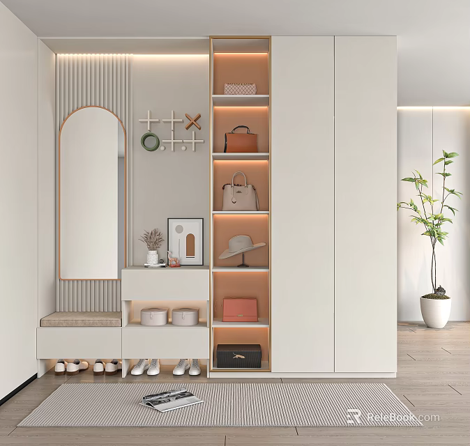 Modern White Shoe Cabinet With Mirror Storage Bags Hats And Decorative Lighting 3d model 