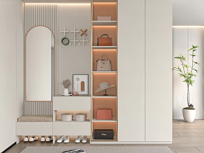 Modern White Shoe Cabinet With Mirror Storage Bags Hats And Decorative Lighting 3d model