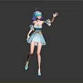 Game Movie Character With Teal Blue Hair Purple Accessory In Blue Dress Waving Lively
