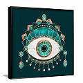 Decorative Eye Pattern Painting With Geometric Accents On Dark Green Background