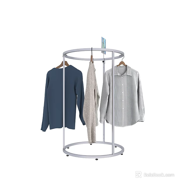 Clothes Including Long Sleeve Top Striped Sweater And Shirt Hanging On White Metal Round Rack 3d model 
