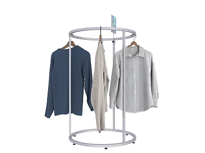 Clothes Including Long Sleeve Top Striped Sweater And Shirt Hanging On White Metal Round Rack 3d model