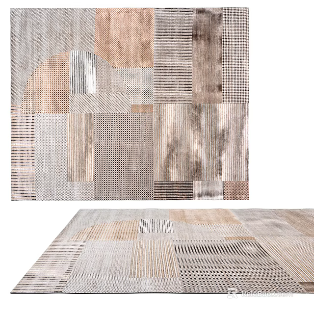 Modern Neutral Square Rug With Patchwork Pattern And Textured Beige Brown Panels 3d model 