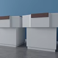 Two Modern White Functional Tables with Brown Tops and Cabinet Storage Units