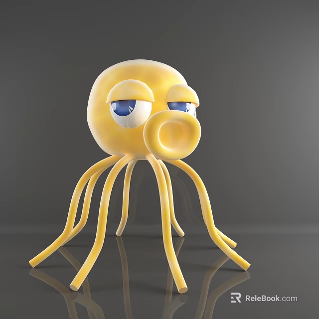 Yellow Octopus Shaped Doll With Big Blue Eyes Round Mouth And Long Thin Tentacles 3d model 