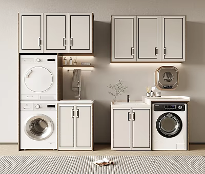 Modern White Bathroom Cabinetry with Wall Cabinets Base Units Washing Machine Dryer and Decorative Plant 3d model