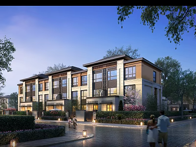 Modern Detached Villa Exterior with Large Glass Windows Surrounding Trees Shrubs Street Lights and Pedestrians 3d model