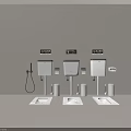Three White Squat Toilets With Water Tanks Accessories Including Toilet Brushes And Brand Logos