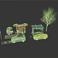 Urban Roadside Scene With Cars Food Stalls Blue Shelter Street Signs And Bare Tree