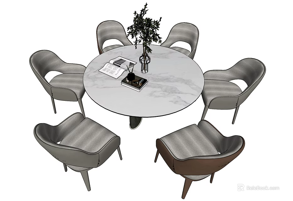 Elegant Round Dining Table Set with Marble Top Six Upholstered Chairs and Greenery 3d model