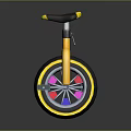 Bright Yellow Unicycle With Black Seat Colorful Spokes And Metal Foot Pedals