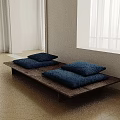 Two Seater Sofa with Blue Cushions and Wooden Base by Window in Minimalist Style