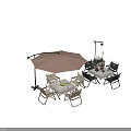 Outdoor Dining Table With Beige Umbrella Folding Chairs Lamp And Tabletop Items