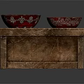 Carved Sculptural Red Bowls And Green Openwork Plates Displayed On Wooden Box