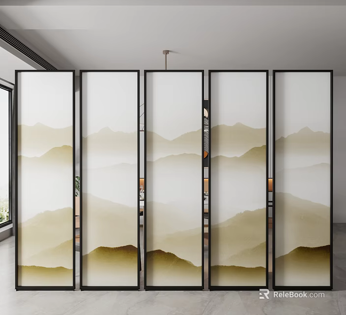 Modern Glass Room Divider With Mountain Landscape Pattern And Metal Frame 3d model