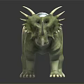 Detailed Green Triceratops Dinosaur Model With Horns On Black Background