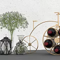 Decorative Ornament Combination With Golden Bicycle Wine Rack Glass Vase Black Lantern And Metal Birdcage