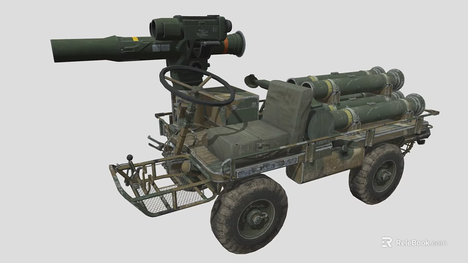 Military Vehicle With Missile Launchers Cannon And Steering Control Equipment 3d model 