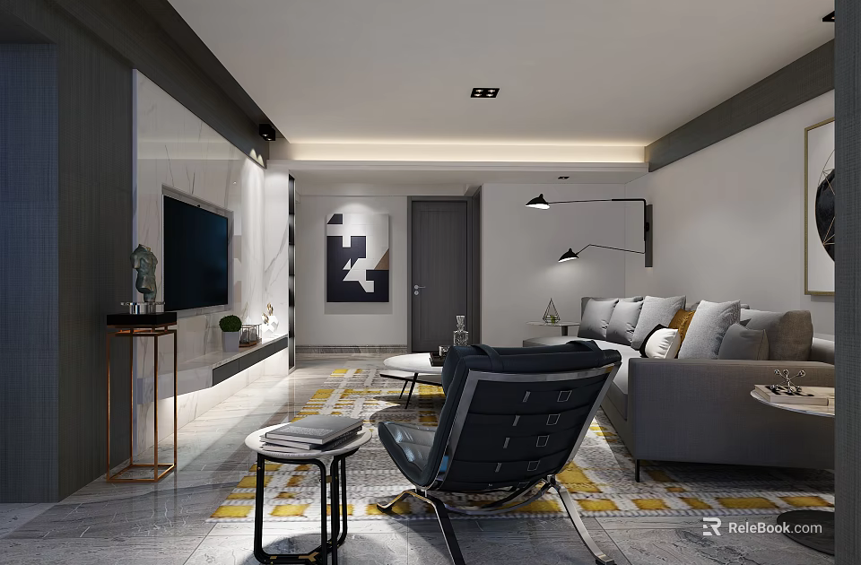 Modern Living Room Interior With Gray Sofa Black Armchair Decorative Painting And Geometric Rug 3d model 