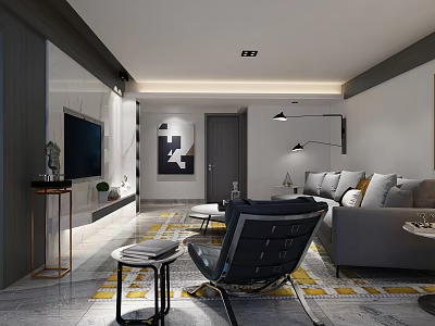 Modern Living Room Interior With Gray Sofa Black Armchair Decorative Painting And Geometric Rug 3d model