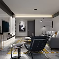 Modern Living Room Interior With Gray Sofa Black Armchair Decorative Painting And Geometric Rug