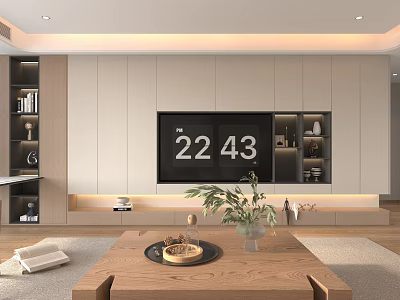 Modern Living Room Interior With TV Wall Cabinets Wooden Coffee Table Decorative Plants And Shelves 3d model