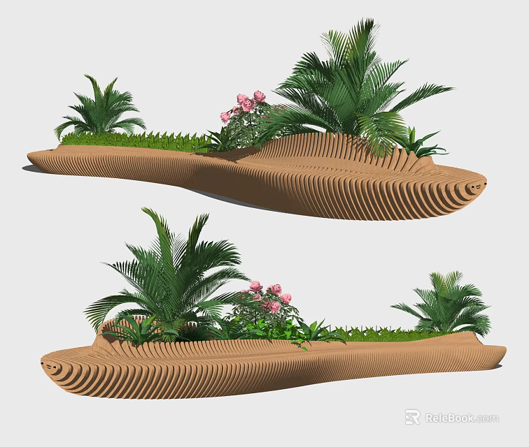 Elegant Outdoor Chair With Palm Trees Pink Flowers And Wavy Wooden Structure 3d model 