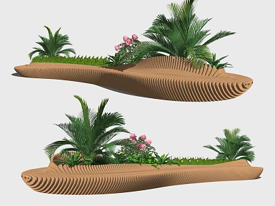 Elegant Outdoor Chair With Palm Trees Pink Flowers And Wavy Wooden Structure 3d model