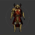 Game Movie Character In Ornate Fantasy Red Gold Armor With Horned Helmet