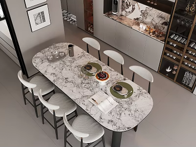 Elegant Modern Kitchen With Sideboard Marble Dining Table Six Chairs And Wine Cabinet 3d model