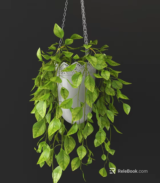 White Hanging Basket Plant with Lush Trailing Green Leaves for Home Decor 3d model 
