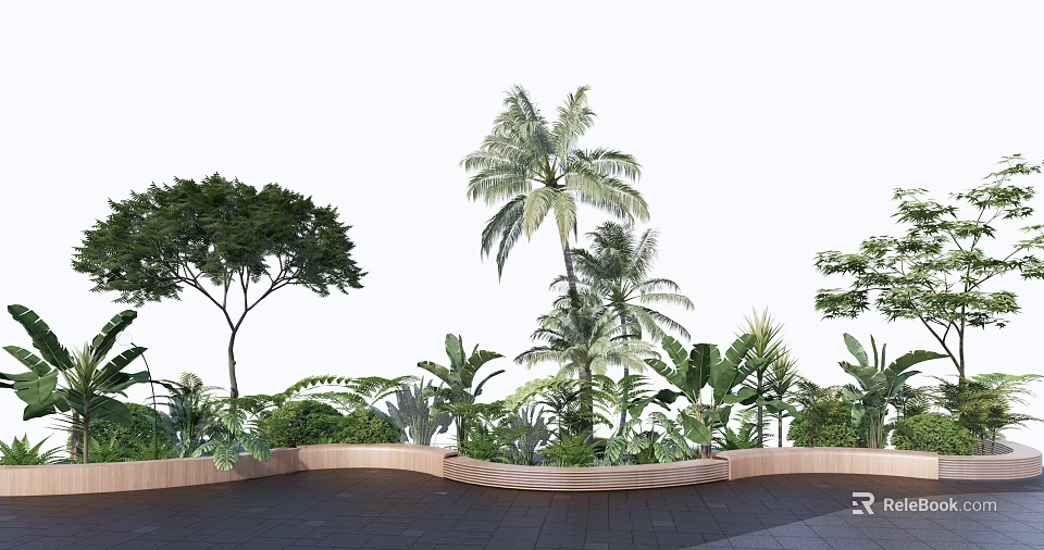 Wooden Tree Planter with Palm Trees and Diverse Green Plants in Outdoor Landscaping 3d model 