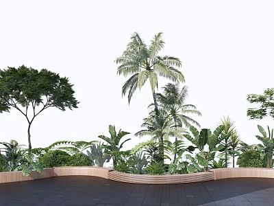 Wooden Tree Planter with Palm Trees and Diverse Green Plants in Outdoor Landscaping 3d model