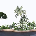 Wooden Tree Planter with Palm Trees and Diverse Green Plants in Outdoor Landscaping