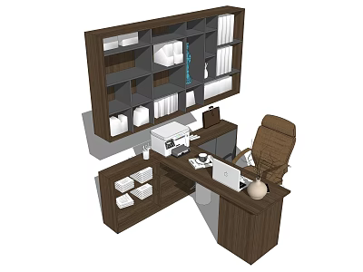 Modern Office Desk With Wall Mounted Shelves Office Chair Printer And Laptop 3d model