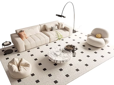 Modern Sofa And Coffee Table Set With Marble Top Accent Chair And Checkered Rug 3d model