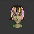 Stylized 3D Female Character Head With Brown Short Hair Purple Eyes And Yellow Eyeshadow