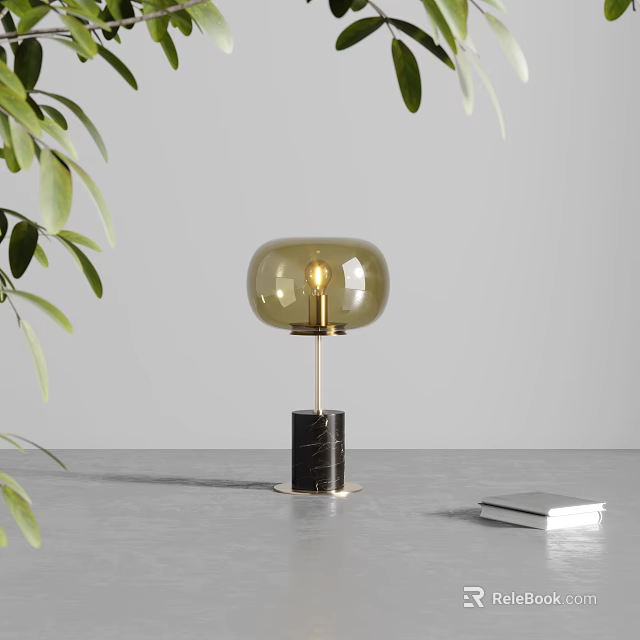 Modern Amber Glass Table Lamp With Brass Stand Black Marble Base And Green Leaves 3d model 